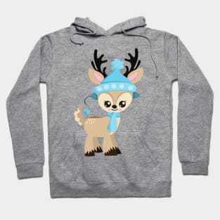 Christmas Reindeer, Cute Reindeer, Blue Hat, Xmas Hoodie